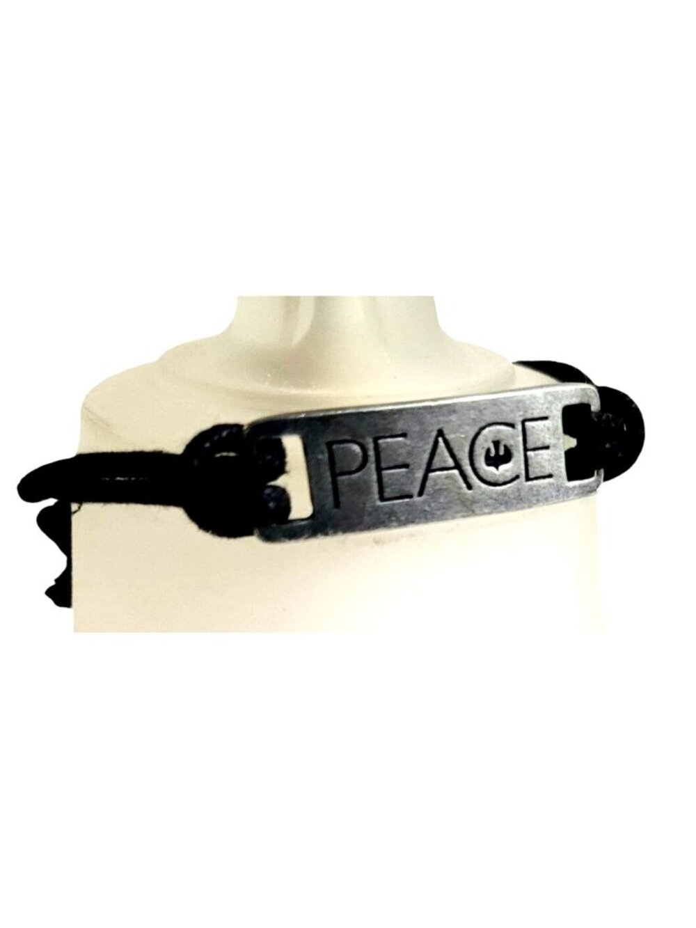 Peace Statement Bracelet with Adjustable Black Cord and Metal ID Style Plate - Picture 2 of 2